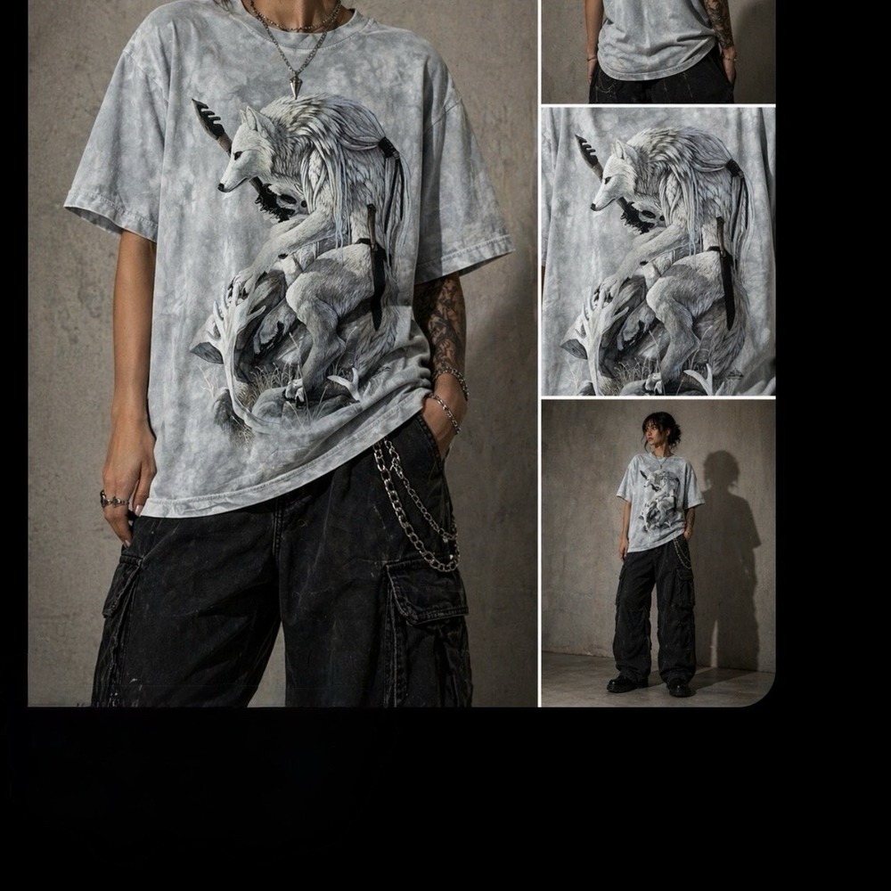 Wolf Graphic Tee Sz L Gray Grunge Goth Streetwear Warrior Spear Nature Tattoo